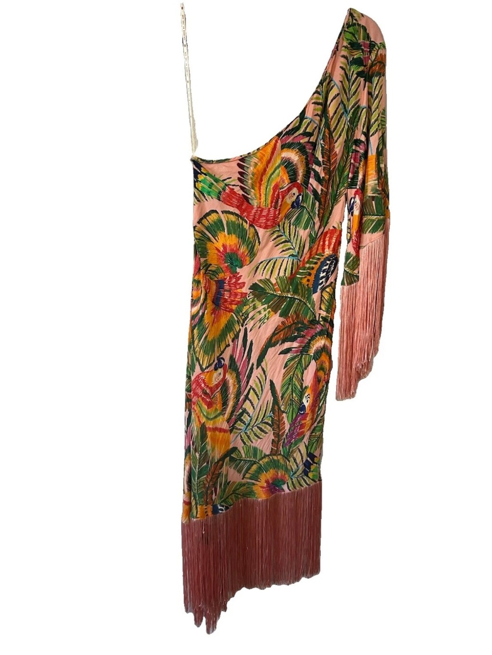FARM Rio Macaw Leaves One Shoulder Fringe Midi Dress XL Parrot Tropical Rare - Picture 15 of 15